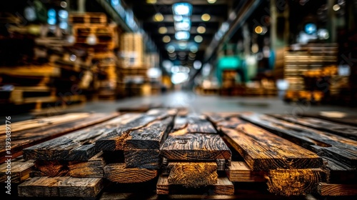 Obraz na płótnie Close-up of wooden planks stacked in a warehouse setting w salonie