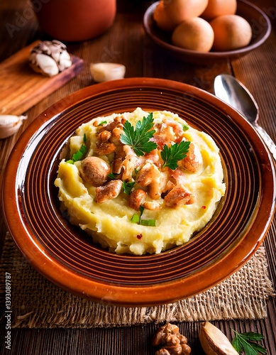 Atascaburras, also called ajo mortero, is a dish from Castilla la Mancha with potatoes, garlic, cod and eggs. photo