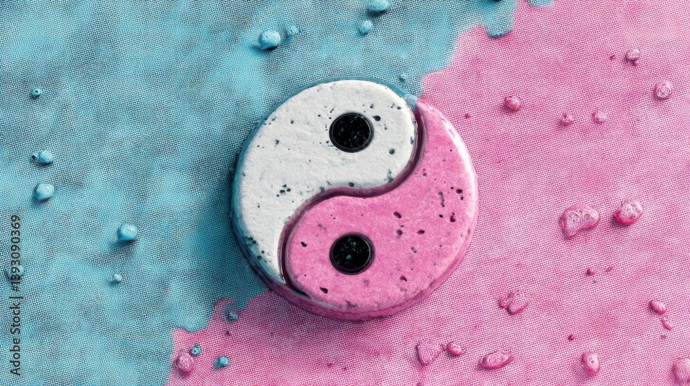 Yin yang symbol in pink and blue with water droplets on a textured background
