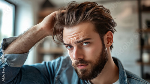 Man hair loss and problem hair. Hairs problems. Sad and happy. Haircare and loss hair problem. Tangling hairs. Combing damaged hairs. Beard and mustache. Hairstyle, hair stylist. Male beauty.