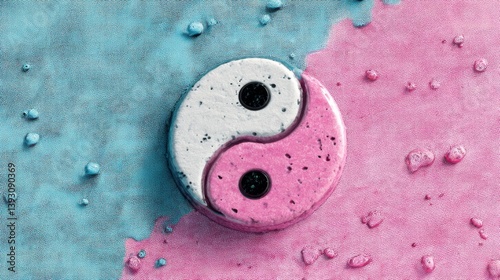 Obraz na płótnie Yin yang symbol in pink and blue with water droplets on a textured background w salonie