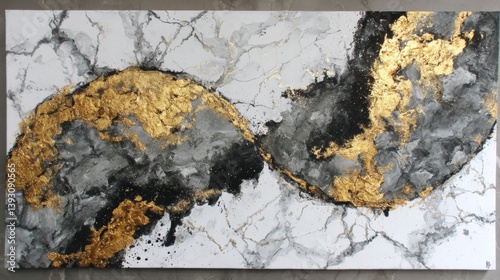 Elegant abstract art featuring gold and black textures on a marble background