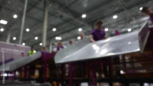 Blurred motion of packages moving quickly on a conveyor belt at a high-speed logistics facility. Efficient delivery workers sort packages in a logistics center