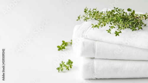 White spa towels with fresh green herbs on white background