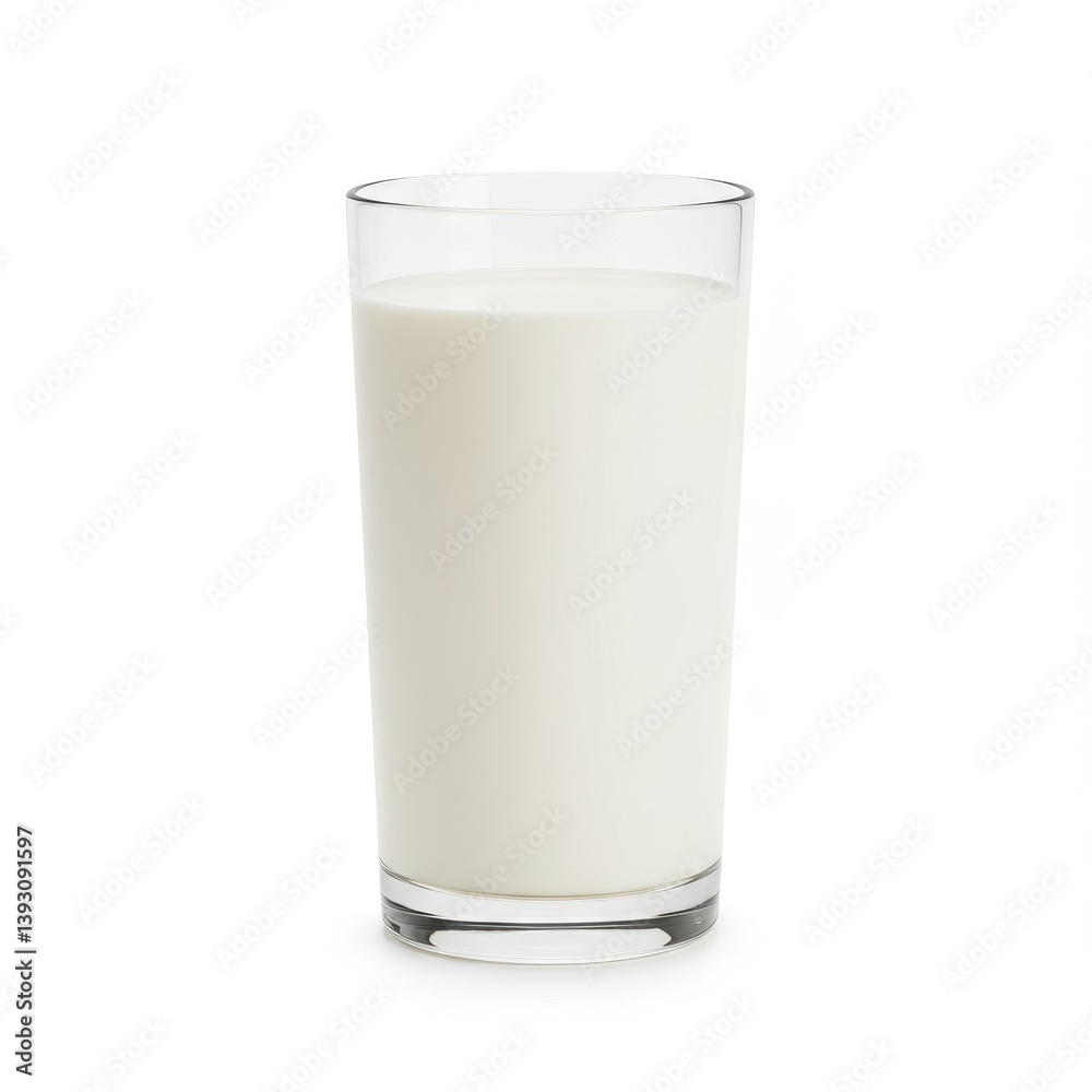 A clear glass filled with white milk stands on a white surface in a simple studio shot scene setup A clear glass filled with white milk stands on a white surface in a simple studio shot scene setup