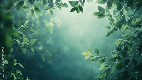 Wallpaper Mural Green Leaves Framing Misty Forest Background with Soft Light Glow Torontodigital.ca
