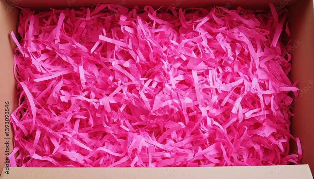 Pink Shredded Paper Packaging Material Inside A Box: A Decorative And Protective Solution For Shipping Items Safely And Securely. Pink Shredded Paper Packaging Material Inside A Box: A Decorative And Protective Solution For Shipping Items Safely And Securely.