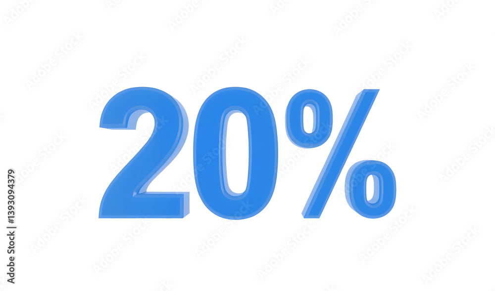 3d rendering of a blue 20 percent sign on a white background