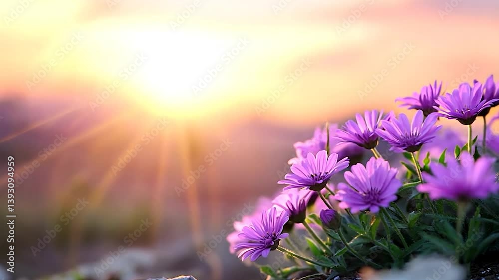 Vibrant purple flowers basking in sunlight against a serene sunset backdrop