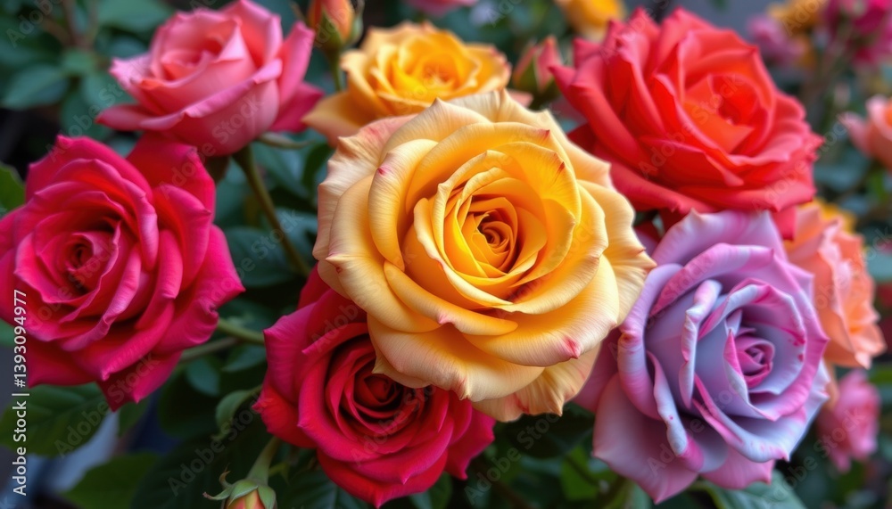 Naklejka premium Vibrant Bouquet of Multicolored Roses with Green Foliage