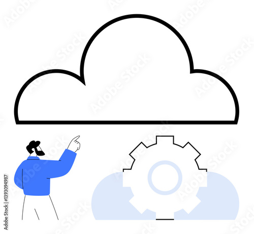 Person gesturing toward a cloud above a gear wheel, symbolizing cloud computing, automation, innovation, technology, development, teamwork, and data management. Ideal for modern tech IT and flat