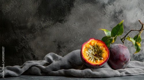 Passion Fruit Cut Open with Whole Fruit and Fabric Background