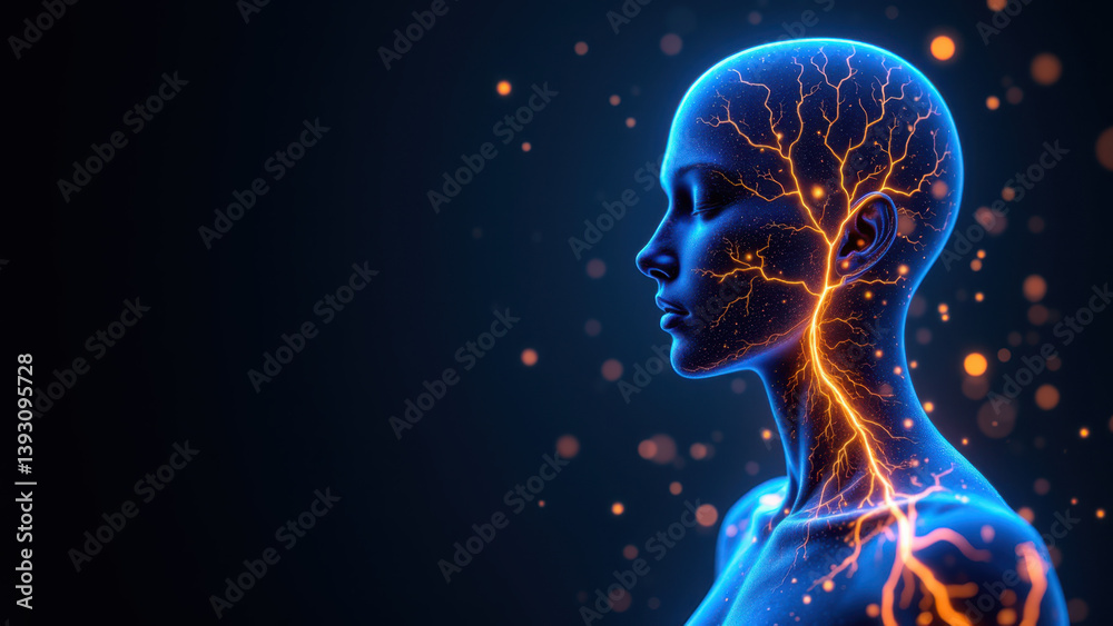 VNS - An artistic representation showcasing a human head with lightning bolts symbolizing Vagus Nerve Stimulation. VNS - An artistic representation showcasing a human head with lightning bolts symbolizing Vagus Nerve Stimulation.