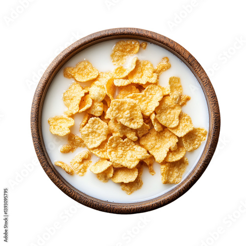 Cornflakes in milk in a wooden bowl breakfast cereal food