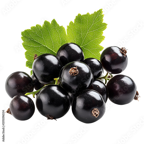Fresh Blackcurrants with Green Leaf Closeup