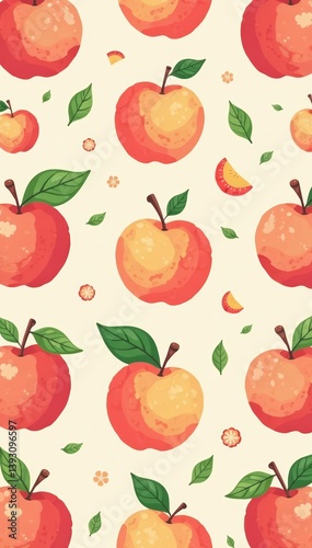 A playful pattern of cute peach fruits in a simple flat doodle style, doodle, vibrant