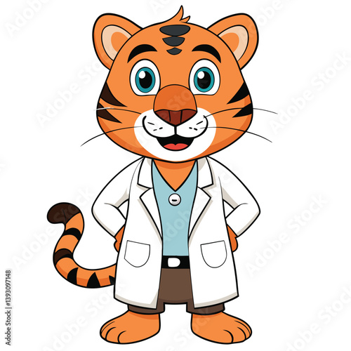 Cartoon Tiger Doctor in Lab Coat, Cute Tiger Character with Stethoscope and Smile