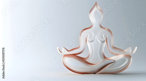 3D transparent meditating figure in platinum, copper, and white tones on a minimal background. Symbolizes mindfulness, healing, and spiritual balance—ideal for wellness and alternative medicine brandi