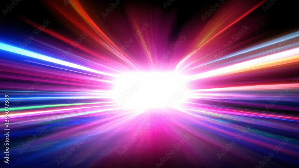 Obraz premium Multicolored neon lights flashing out from a central point on a dark blue background.
