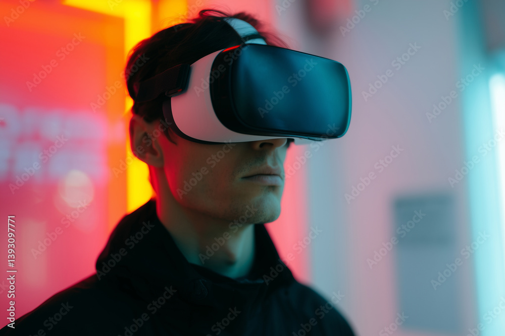 man wearing virtual reality headset in futuristic setting man wearing virtual reality headset in futuristic setting