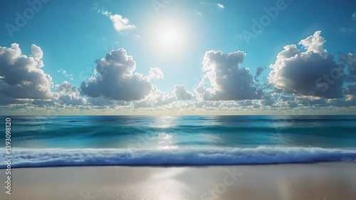 Tranquil Beach Scene: Serene Ocean Waves Under a Bright Sunny Sky