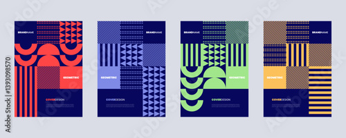 Minimal cover design set with geometric patterns shapes, Abstract vector illustration on dark blue background, Can be used for brochure, print poster, flyer design, cover, banner and design layout