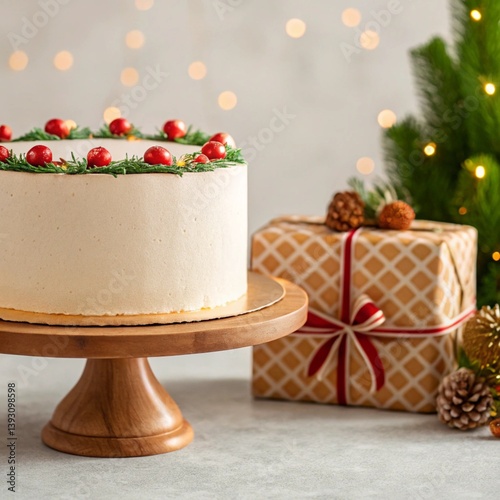 Christmas cake with red berries and presents on the table