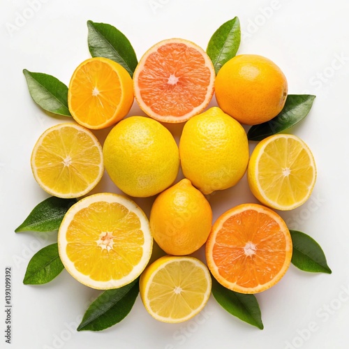 Assortment of citrus fruits and green leaves on a white surface