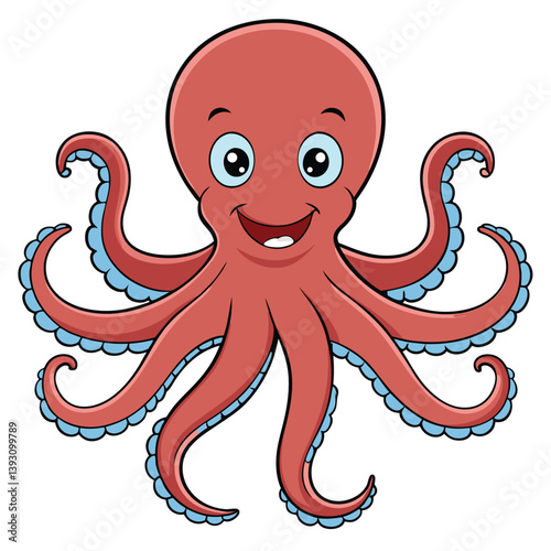 Smiling Cartoon Octopus: A charming cartoon octopus with bright eyes and a wide smile, floating playfully, exudes happiness and underwater wonder.