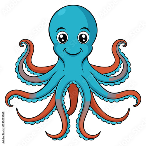 Smiling Octopus Illustration: A friendly blue and orange octopus with a toothy grin and eight tentacles smiles cheerfully at the viewer in this cheerful cartoon illustration.  