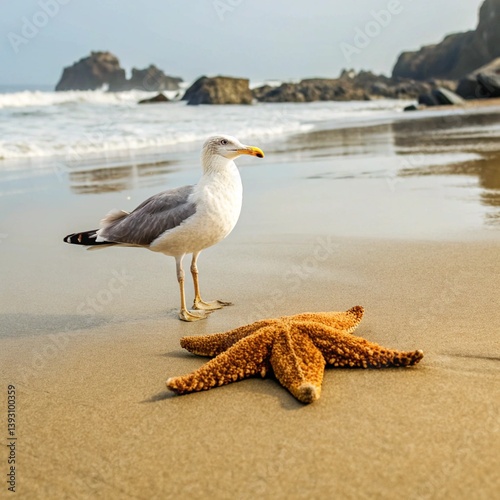 Seagull and Starfish on a Sunny Beach