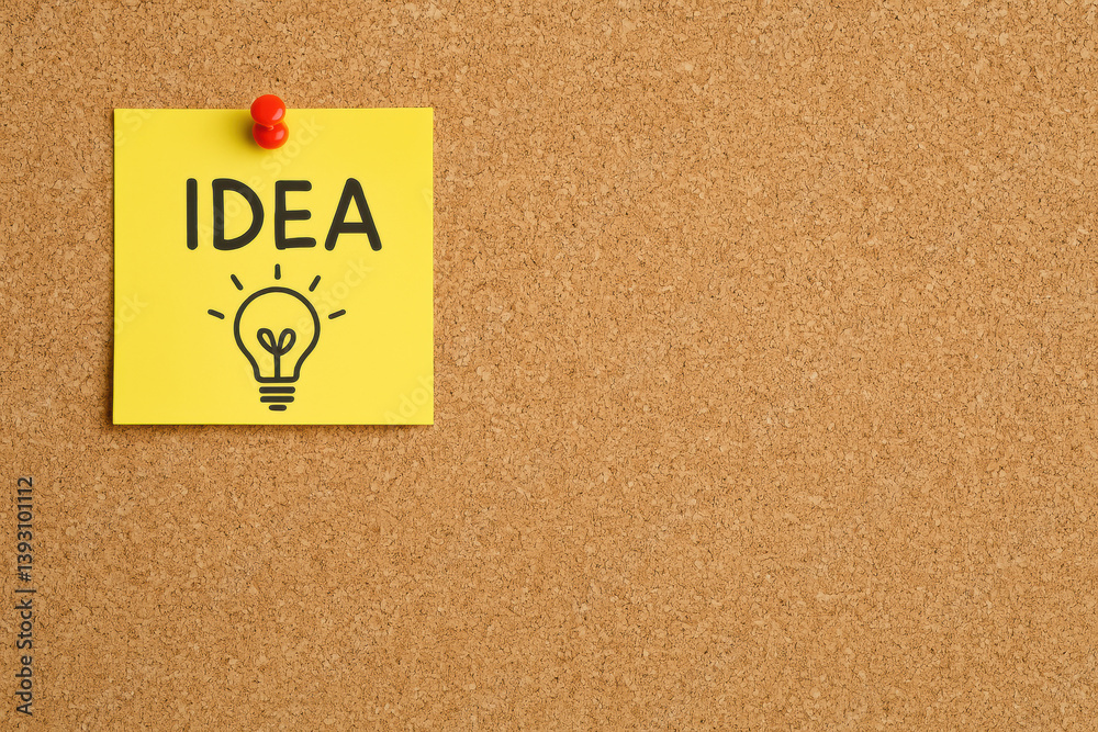 A yellow sticky note with the word A yellow sticky note with the word
