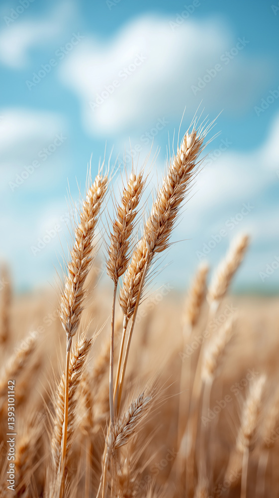 Obraz premium Golden wheat stalks sway gently under clear blue sky, capturing essence of serene summer day. vibrant scene evokes sense of peace and abundance in countryside