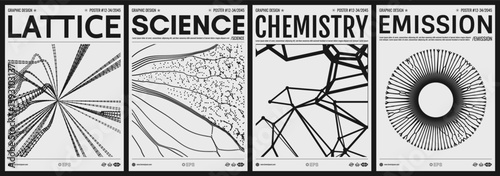 Cover design template. Grid. Small particles strive out of center. Abstract science or technology background. Connection structure. Optical fiber. Black and white. Vector for brochure, flyer or banner