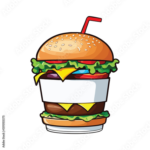 Burgers and Soda Combo: A whimsical and artistic illustration depicts a classic hamburger cleverly integrated with a refreshing soda, featuring sesame seed bun and fresh, crisp ingredients. 