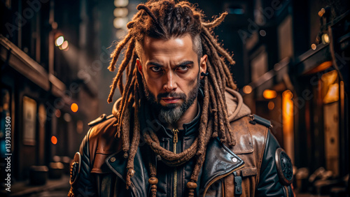 Dreadlocked man with a serious expression wearing a leather jacket in a dark urban alley