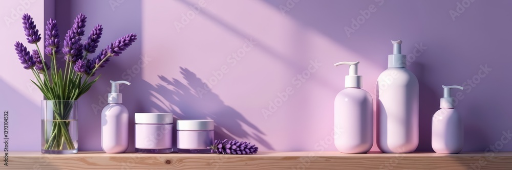 Cosmetic jars and tubes on lavender-themed display shelf, tubes, lavender Cosmetic jars and tubes on lavender-themed display shelf, tubes, lavender
