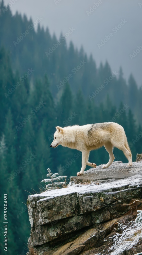 Fototapeta premium Majestic White Wolf Walking on Cliffside in Serene Forest Landscape