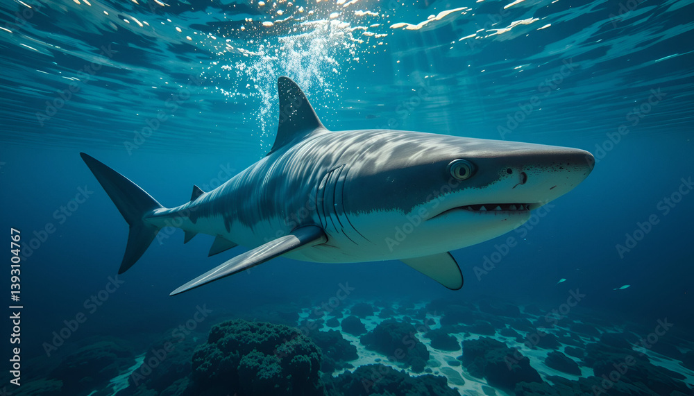 Fototapeta premium Shark Swimming in the Sea, Majestic Marine Predator, Oceanic Apex Predator, Powerful Shark in Deep Ocean, Underwater Marine Life, Ocean Explorer, Shark in Clear Blue Water