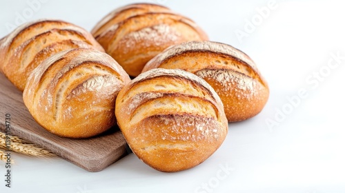 Freshly baked golden bread rolls arranged on a rustic wooden board, close-up shot with soft lighting, and emphasizing texture and artisanal quality.