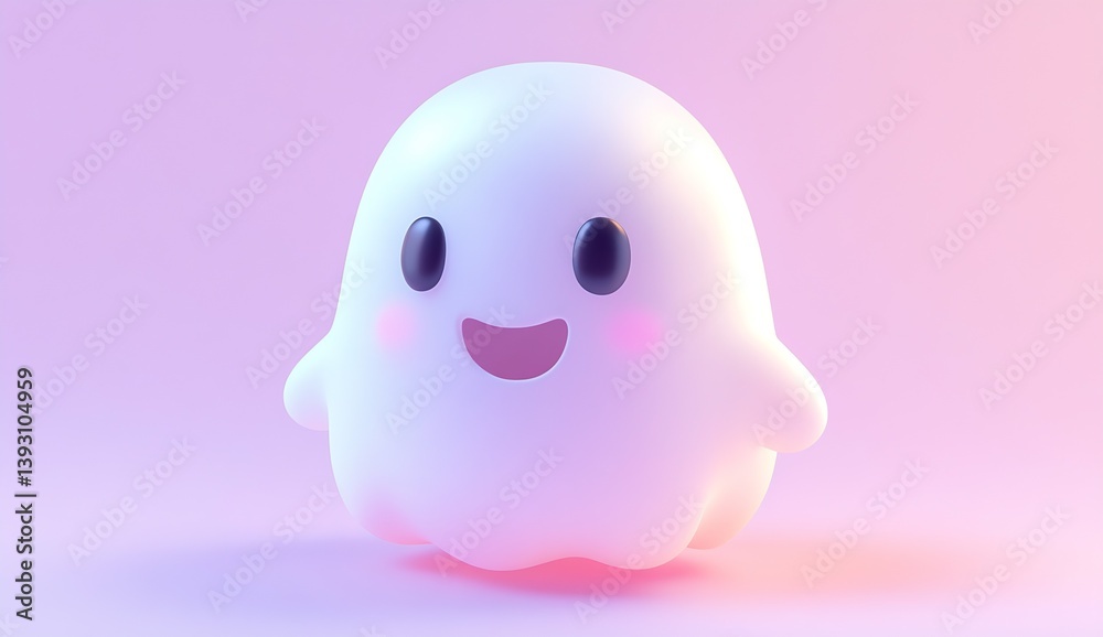 Fototapeta premium Charming ghost character with a smile glowing softly in pastel colors on a light background : Generative AI