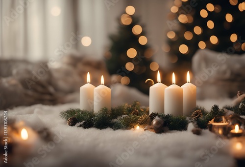 second from background christmas branches white candles fir advent evergreen copy festive burning bokeh warm decorated tradition space time wreath candle seasonal candlelight celebration winter fire