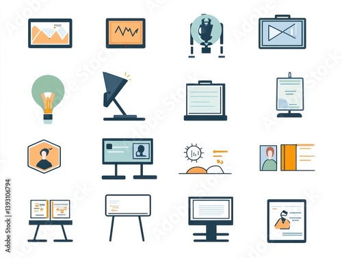 Create set of minimalistic yet detailed icons for online learning including elements like webinars virtual simulations interactive whiteboards