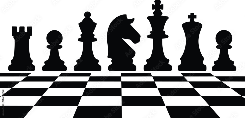 Chess Pieces Silhouette on Board Vector Illustration.