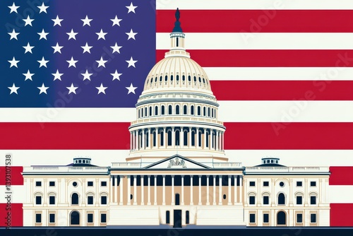 Graphic layout highlighting US Capitol building against American flag backdrop