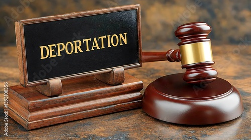 Wooden gavel with a sign stating the legal term deportation