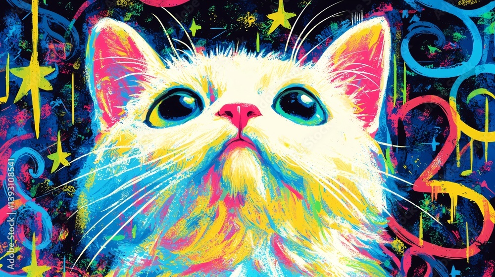 Naklejka premium Colorful Feline Portrait with Celestial Star Accents Charming Cat in Artistic Space of excellence.