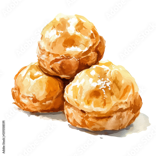 watercolor of Profiteroles A Beautifully Detailed, isolated on a white background.