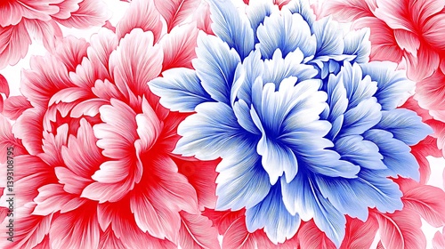 Colorful flowers illustration showcasing red and blue detailed artistic designs