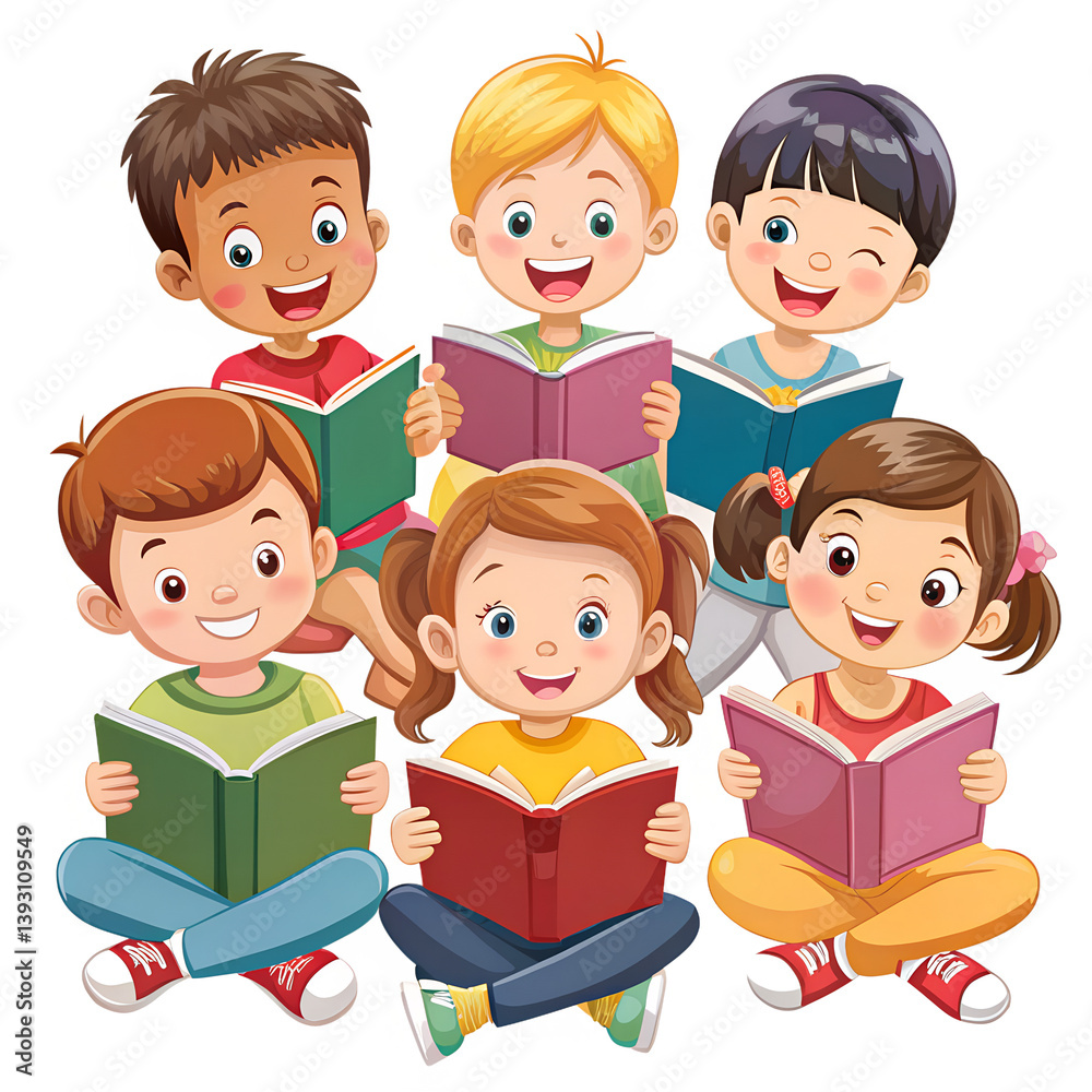 group of kids reading book isolated on transparent background, PNG File